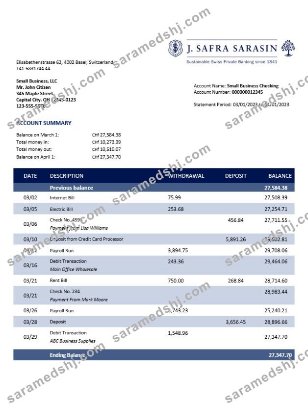 J. Safra Sarasin Bank business statement Word and PDF template